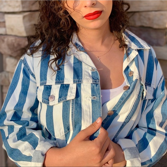 Blue and white striped Jean jacket (semi cropped) - Picture 1 of 4